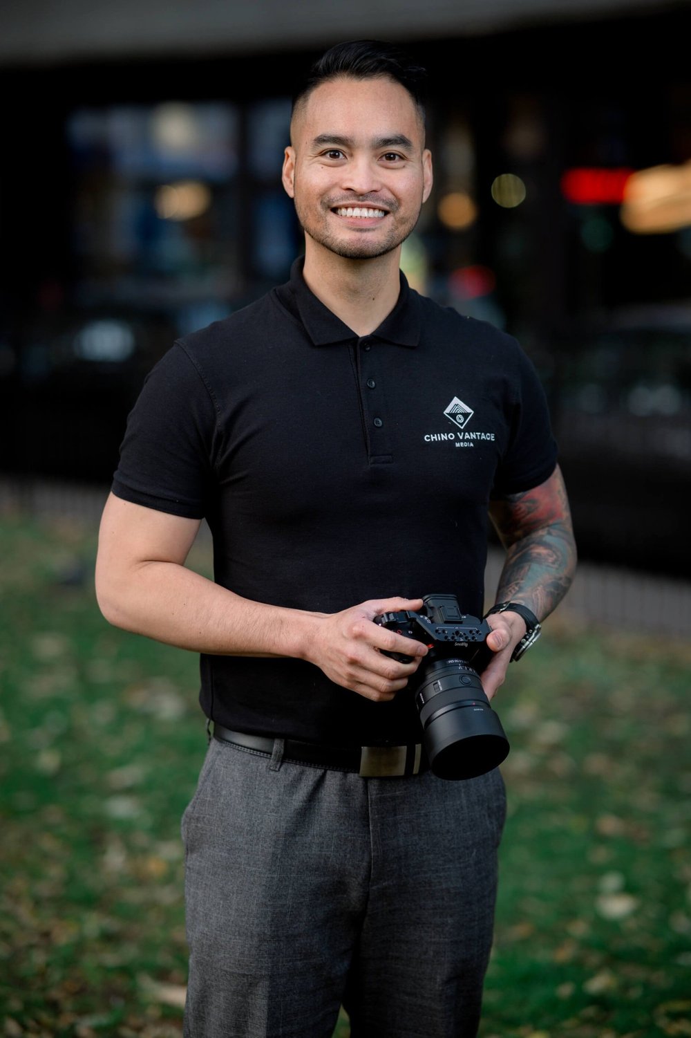 Chino Jamil Mendoza, founder of Chino Vantage Media, holding his camera